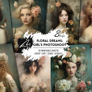 Blooming Serenity: Impresión artística de retratos florales, páginas de collage de rosas románticas y elegancia, medios digitales para álbumes de recortes, diarios y manualidades