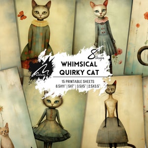 Collage de chats anthropomorphes élégants, papiers numériques originaux, portrait surréaliste de techniques mixtes fantaisistes pour les journaux indésirables et les projets de scrapbooking vintage