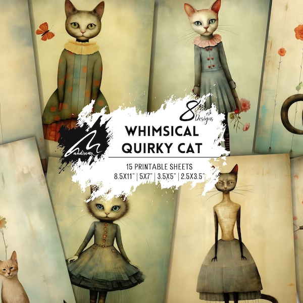 Whimsical Quirky Cat Portrait | Mixed Media Digital Art | PRINTABLE Collage Sheets Digital DOWNLOAD