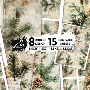Foglio di collage rustico di pino e pigne per diari spazzatura, scrapbooking e artigianato fai da te ispirato alla natura – Arte stampabile di effimeri vintage, CU