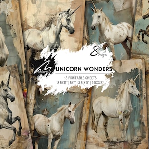 Pagine del diario Shabby Grunge Enchanted Unicorn Dreams Distressed Collage Digital Kit Fogli stampabili con tecniche miste Kit per scrapbooking effimeri