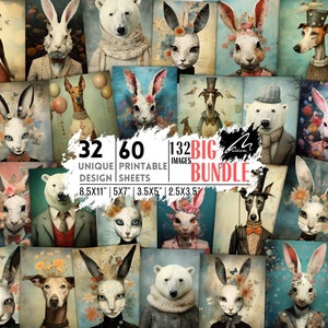 Verzauberte Fauna-Serie: Künstlerische Hunde-, Bären- & Kaninchenporträts Digitale Collage, druckbare Mixed Media Sheets für Scrapbooking und Journaling