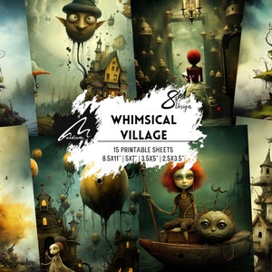 Mondi stravaganti: carta digitale con paesaggio fantasy di un villaggio surreale, casa incantata e personaggi stravaganti, collage per progetti creativi