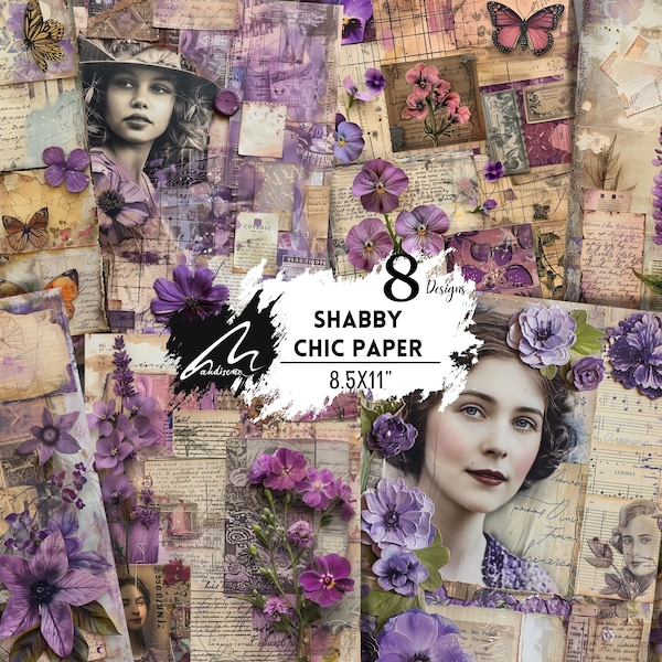 Dusk Purple Scrappy Papers, Shabby Chic, Junk Journal, Pages, Floral, Vintage, Backing, Collage, Scrapbooking, Printable, Digital Download