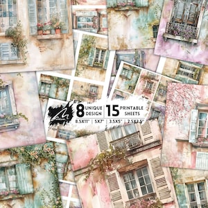 Arte digital con pintorescas jardineras y contraventanas antiguas, papel para álbum de recortes de estilo campestre francés, efímeras botánicas, manualidades con técnicas mixtas imprimibles