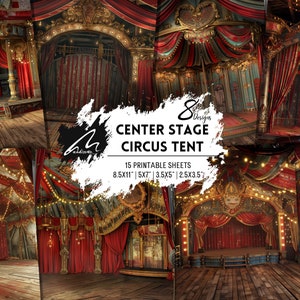Hojas de collage digital imprimibles de la entrada al escenario del circo antiguo Pabellón del espectáculo Páginas de diario basura para manualidades, álbumes de recortes y decoración