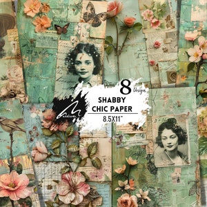 Vintage Grüne Collage Seiten mit Blumen Ephemera, antike Porträts, Junk Journal Scrappy Kit, Mixed Media Scrapbooking Digitale Printables