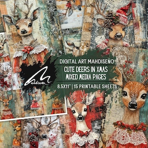 MerryBelle le faon givré, feuilles de collage de cerf d'hiver papiers de journal indésirable de Noël vintage Woodland Ephemera Media Printable Holiday Art