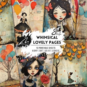 Sérénade aux papillons et fantaisie : kit d'éphémères pour journal indésirable, techniques mixtes avec fille, notes vintage et feuilles imprimables de collage numérique artistique
