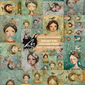 Sérénade des fleurs, portrait fantaisiste, pages de scrapbooking, kit de carnet de bord de rêve, collage numérique, impression florale, technique mixte, éphémère, ensemble de feuilles
