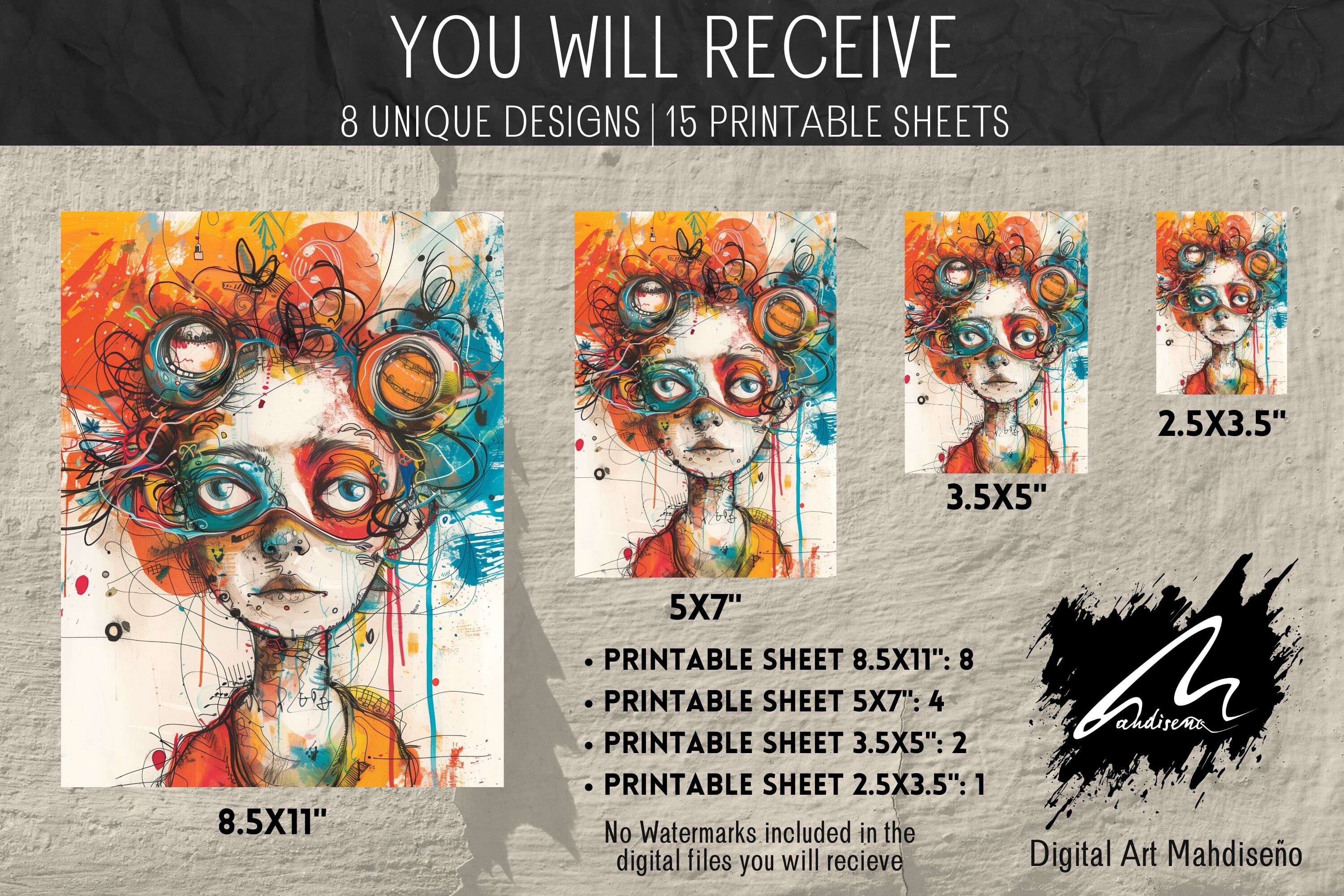 Quirky Girl Colorful Paper Odd Digital Art PRINTABLE Sheets Junk Journal & Scrapbook Pages ...