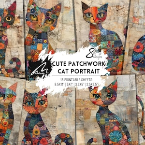 Impression d'art chat en patchwork éclectique : chat aux techniques mixtes vibrantes pour le scrapbooking, le bricolage et la journalisation des déchets, parfait pour les amoureux des chats