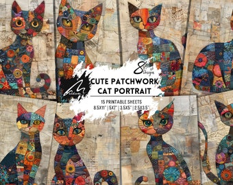 Patchwork Cat Ephemera Kit: Colorful Quilted Style Printable Craft and Junk Journal Sheets