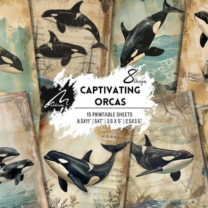 Kit diario spazzatura Ocean Serenade, pagine collage orca vintage, stampe shabby chic sulla vita marina, effimeri album di ritagli digitali, CU scaricabile