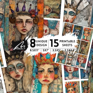 Collage digital de princesa gitana, arte real bohemio, impresión en técnica mixta con tiara, papel para álbumes de recortes con escritura vintage, retrato de mujer enigmática
