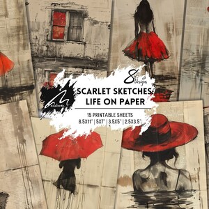 Riflessi in rosso: Silhouette in Scarlet Art Print Vintage Newspaper Scrapbook Background, Kit digitale per tecniche miste per artigianato, journaling