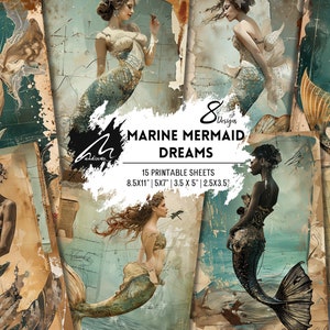 Marine Mermaid Dreams | Shabby Grunge Digital Art | PRINTABLE Cards Junk Journal DOWNLOADABLE Prints Commercial Use