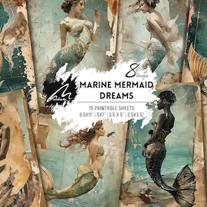 Ocean's Whispers: Kit diario Mermaid Dreams, collage grunge shabby chic, stampe vintage con tecniche miste, effimeri distresses, stampa digitale