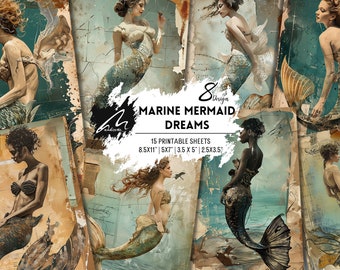 Ocean&#39;s Whispers: Mermaid Dreams Journal Kit, Shabby Chic Grunge Collage, Vintage Mixed Media Printables, Distresses Ephemera, Digital Print