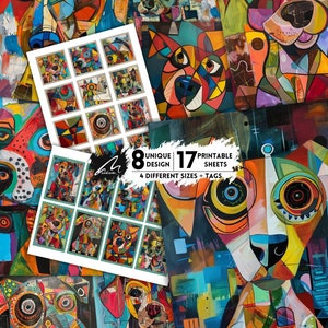 Cane visionario vibrante: collage di arte astratta, pagine digitali, kit di scrapbooking e diario spazzatura stampabile, audace e colorato