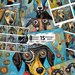 Páginas de álbum de recortes con arte de perro salchicha estilo steampunk, kit de diario basura abstracto, hojas de efímeras imprimibles digitales para manualidades con medios mixtos, caprichosas y vibrantes