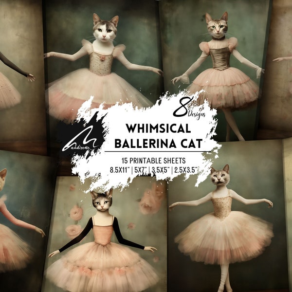 Whimsical Ballerina Cat Portrait | Surreal Mixed Media Digital Art | PRINTABLE Collage Sheets Pink Wallpaper JPG