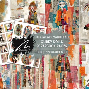 Whimsical Fashionista: Boneca de arte vibrante de mídia mista para entusiastas de Junk Journaling e Scrapbooking - Ideal para projetos criativos e caprichosos