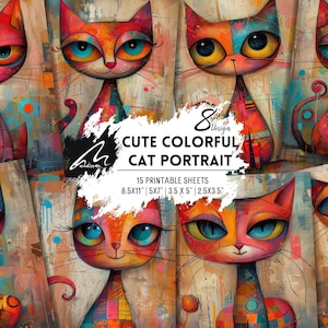 Baffi colorati: pacchetto di carta digitale con gatti stravaganti, cuccioli patchwork, pagine di scrapbooking di arte astratta per diari spazzatura e progetti artigianali CU