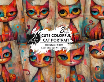 Patchwork Cat Portrait Kit: Colorful Printable Pages (Digital Download)