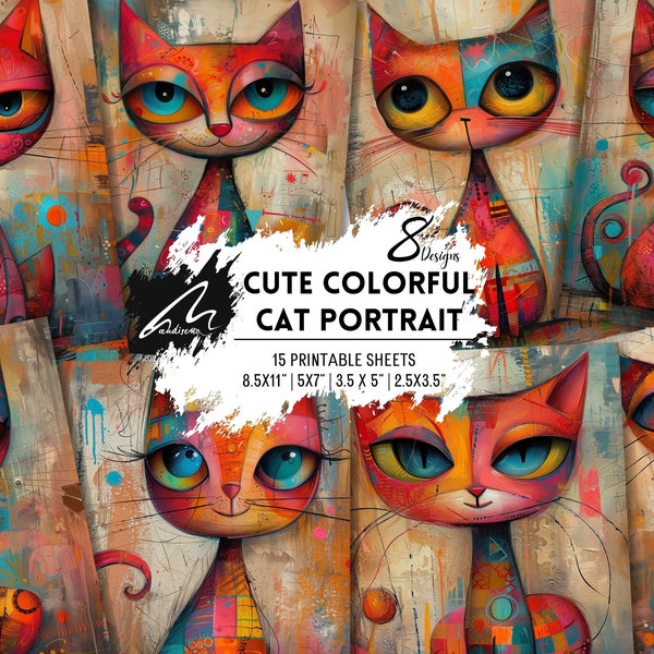 Cute Colorful Cat Portrait | Whimsical Mixed Media Painting Digital Art | PRINTABLE Cards Digital DOWNLOAD