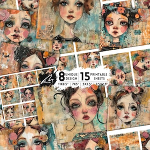 Sogni rustici e melodie moderne: carta per album di ritagli digitale stravagante, ritratto artistico con tecniche miste, stampabile e creativo per journaling e artigianato