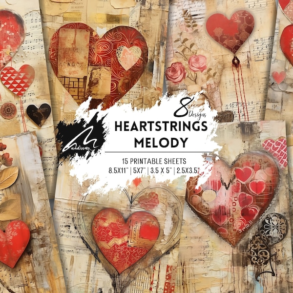 Heartstrings Melody | Heart Background Digital Art | Mixed Media Distressed Paper Junk Journal Scrapbook Collage JPG