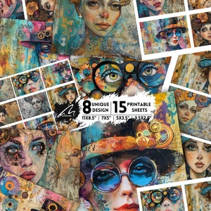 Cappellaio Matto Steampunk: Pagine di album di ritagli Diario di spazzatura astratto Fogli di collage stampabili Carte stravaganti e vivaci Kit di effimeri digitali con tecniche miste