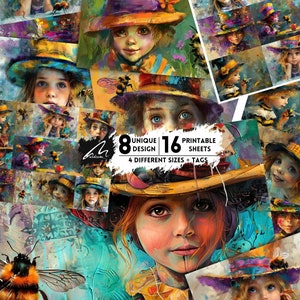 Bee Blossom Dreamer" Ritratto stravagante Arte Pagine di diario spazzatura Kit di album digitale vibrante Collage di tecniche miste Artigianato effimero stampabile