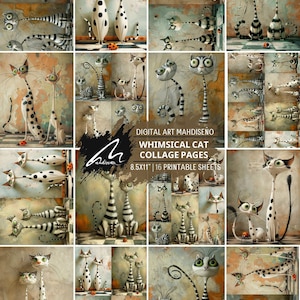 Compañeros felinos curiosos: kit de diario basura surrealista imprimible con arte felino caprichoso, páginas de álbum de recortes digitales, collage de técnica mixta, artesanía efímera