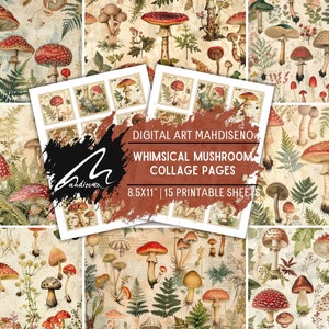 Botanical Wonderland: una ricca collezione di fogli di collage stampabili di funghi e fiori selvatici per creazioni artigianali e scrapbooking di ispirazione vintage