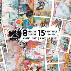 Moderne carte digitali per tecniche miste, pagine di scrapbooking astratte contemporanee, sfondi collage vivaci, effimeri diari artistici