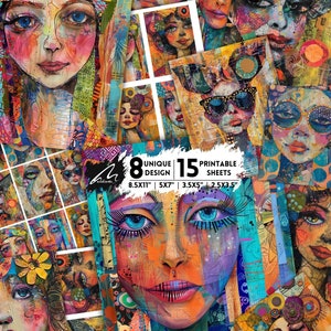 Kaleidoscope Vision: fogli di collage creativi stampabili con volti astratti vibranti, per scrapbooking e artigianato d'arte digitale