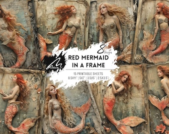 Shabby Red Mermaid Collage Art Deco Digital Scrapbook Kit Grunge Underwater Ephemera for Junk JournalsVintage Ocean Mixed Media Printables