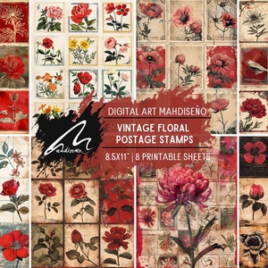 Stempel der Natur: Rote & schwarze Vintage Blumen, Rose Kunstblätter für Scrapbooking, Junk Journals, künstlerische Ausdrucke für Bastelbegeisterte