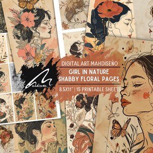 Sketchy Whimsy Shabby Paper Girl in Nature Pagine di diario spazzatura Ritratto floreale Scrappaper Collage di tecniche miste Foglio di elementi Stampa digitale ATC