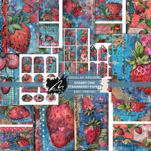 Carta digitale colorata con fragole e fiori, sfondo con tecniche miste vivaci, pagine di scrapbooking creative, diario di spazzatura unico stampabile