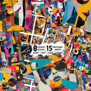 Abstract Symphony: collage di forme grafiche audaci, sfondo colorato per scrapbooking digitale, diario creativo stampabile, carta artistica
