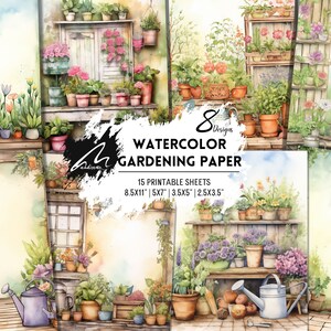 Garden Serenity: aquarel tuinkunstpagina's, afdrukbaar digitaal papier, perfect voor scrapbookvellen, rommeljournaalkits en pagina's met tijdelijke verschijnselen