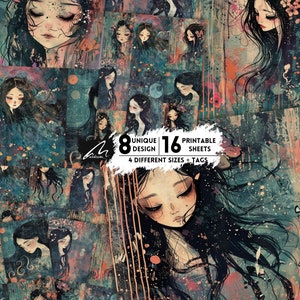 Pagine di album digitali Blossom Dreams Under Moonlight Kit diario romantico Junk Journal Ritratto notturno floreale Stampe artistiche effimere con tecniche miste