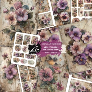 Eleganckie kwiaty powojnika w stylu vintage, cyfrowe papiery, ozdobny fioletowy kwiatowy zestaw do scrapbookingu, strony dziennika w stylu shabby chic, tworzenie etykiet efemerydalnych