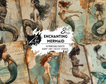 Mermaid Junk Journal Kit – Printable Ocean Ephemera, Shabby Sea Collage Paper, Vintage Mermaid Art for Scrapbooking & Mixed Media