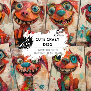 Patchwork Pups: páginas de álbum de recortes con arte canino en técnica mixta vibrante Kit de efímeras de diario basura para proyectos de manualidades y bricolaje Hojas imprimibles digitales