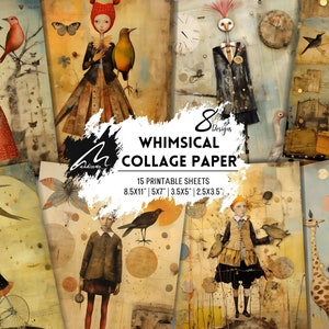 Papier numérique collage monde fantaisiste Art techniques mixtes surréaliste Personnage original fille oiseau Pages de scrapbooking pour journaux et créations artistiques