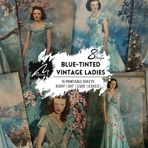 Pages élégantes bleues intemporelles romantiques vintage de portrait de femme Pages numériques de jardin floral pour le scrapbooking, les journaux, les techniques mixtes et l'artisanat